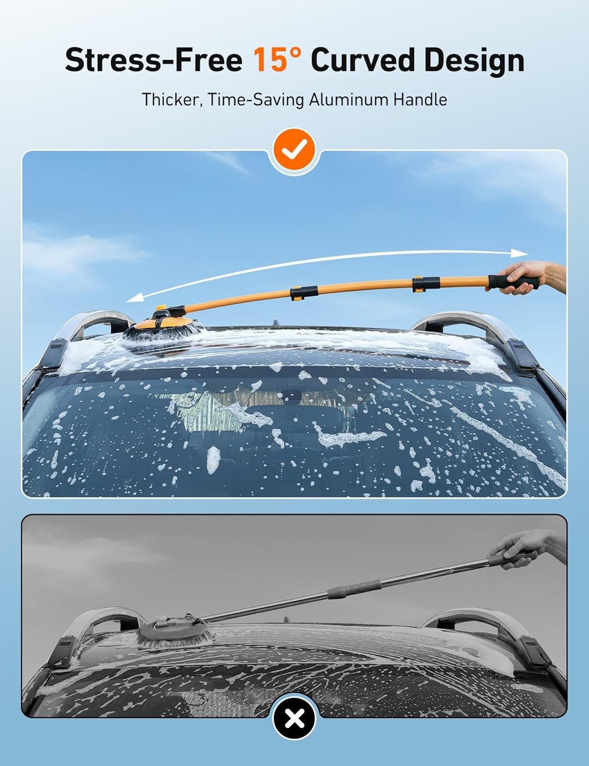 Car Wash Kit with 15° Curved Telescopic Handle and 90° Rotating Brush Head for