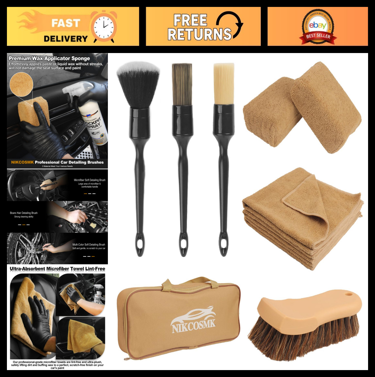 10PCS Car Detailing Kit – Interior Cleaner, Horse Hair Brush, Microfiber Cloths