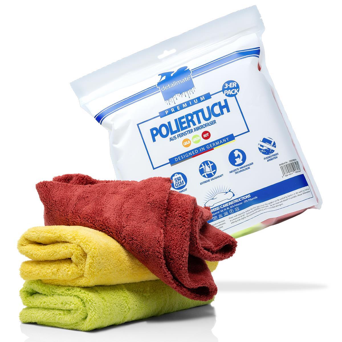 detailmate Poliertuch 3er Pack 550 GSM 40x40cm rot, grün, gelb Profi-Microfaser