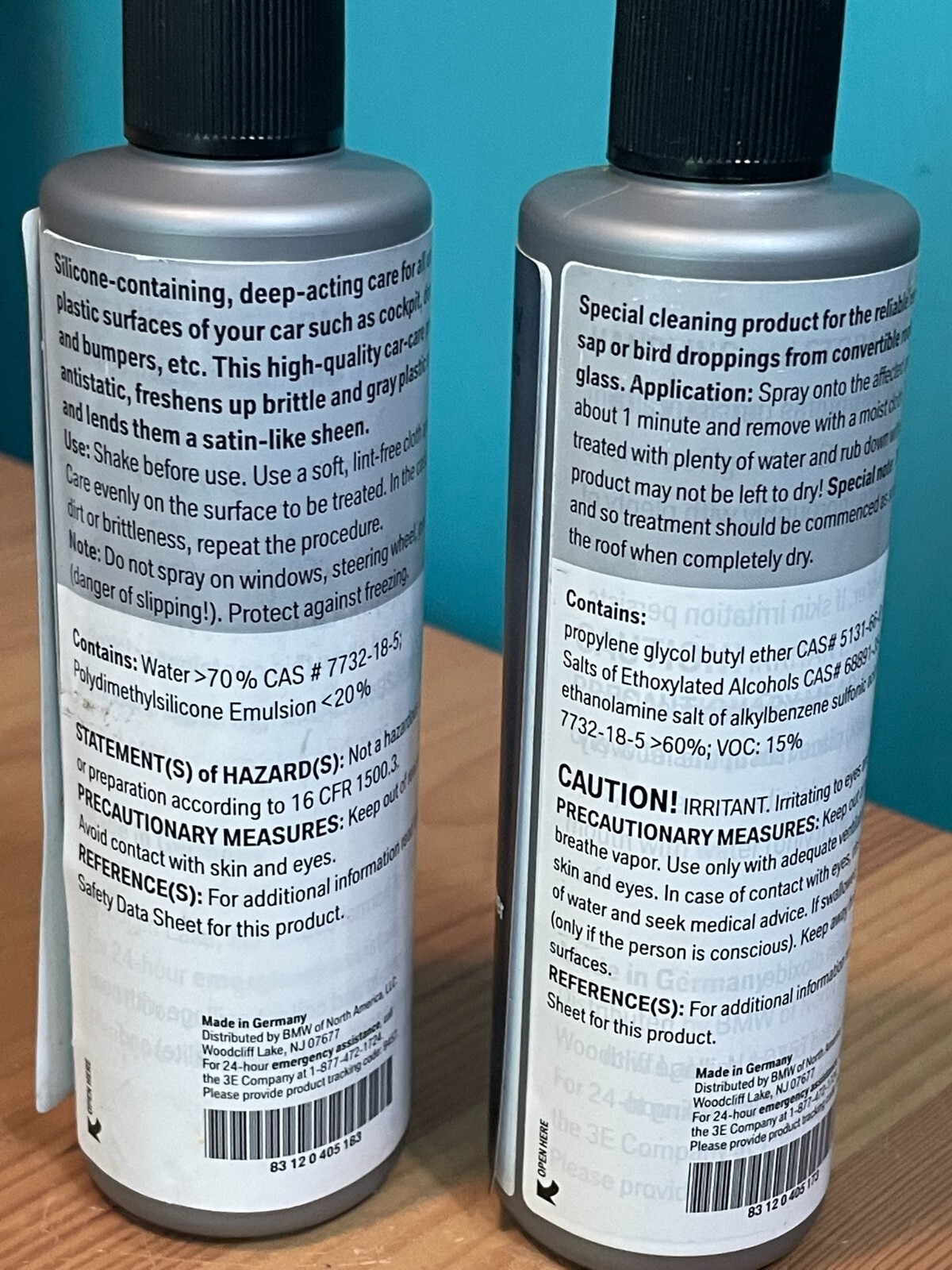 LOT OF 2 6.76 OZ BOTTLES OF BMW CARE PRODUCTS VINYL CARE & TREE SAP REMOVER