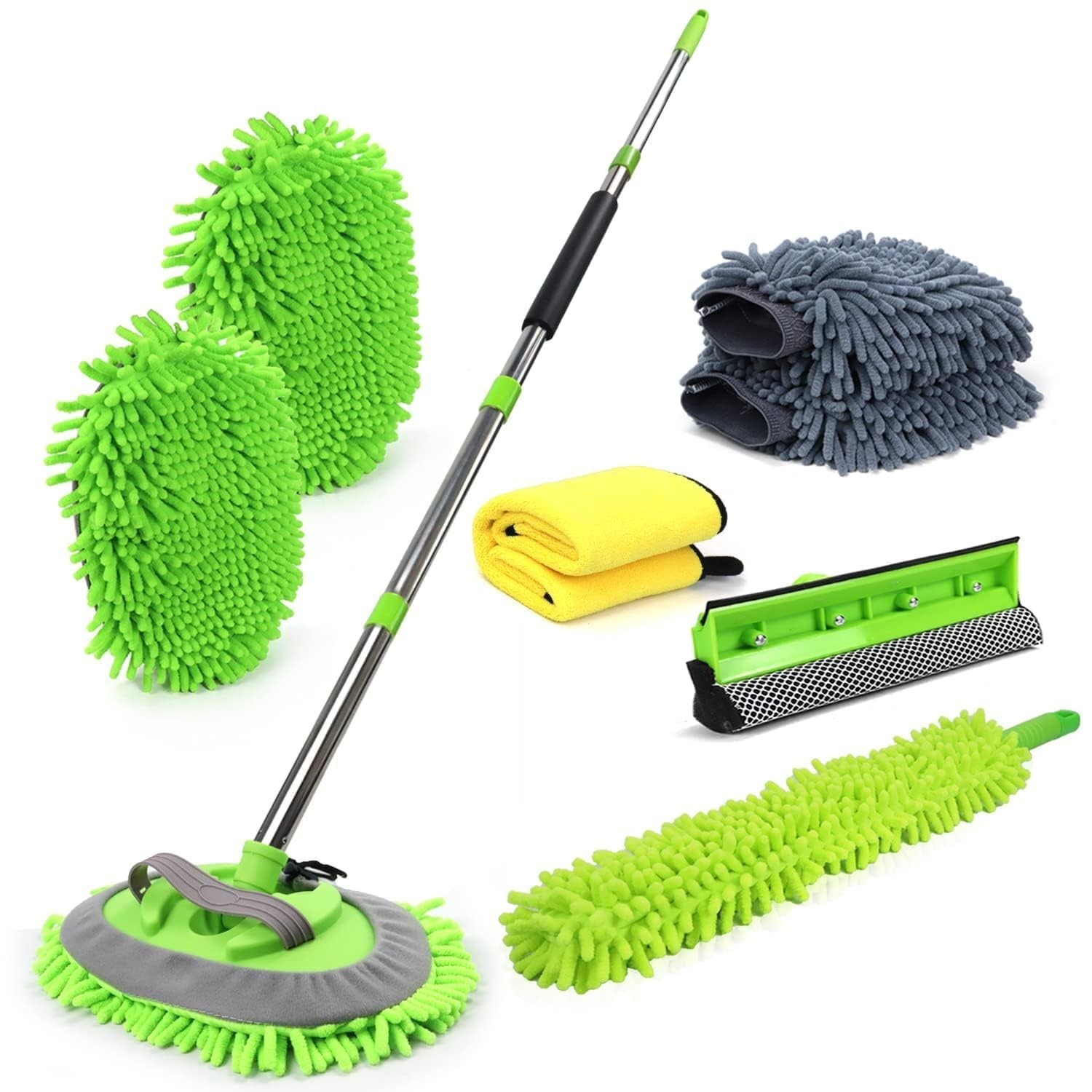 62” Car Wash Brush Kit – Long Handle Mop, Chenille Mitt, Squeegee, Microfiber T