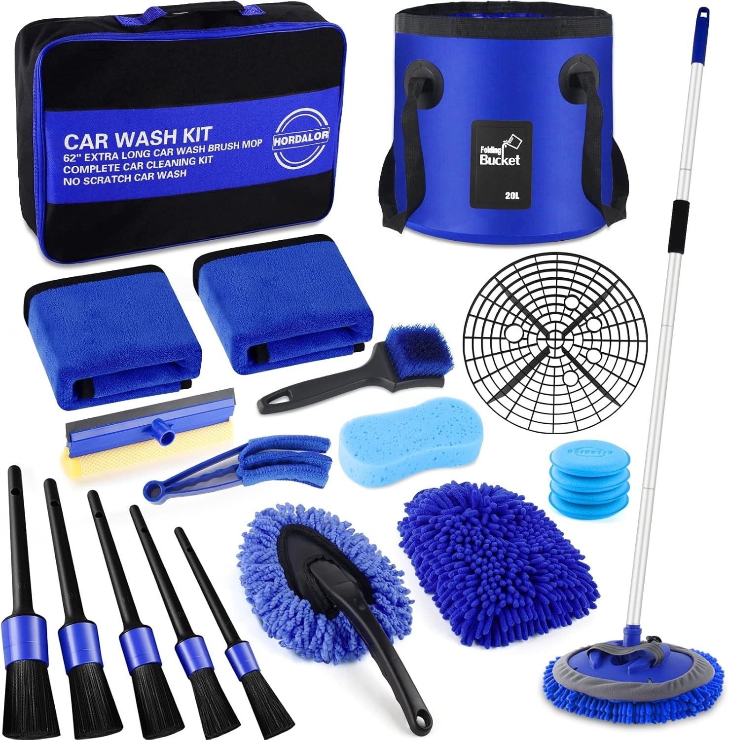 Deluxe 21-Pc Car Cleaning Set with 62″ Brush, Bucket & Scratch-Free Design