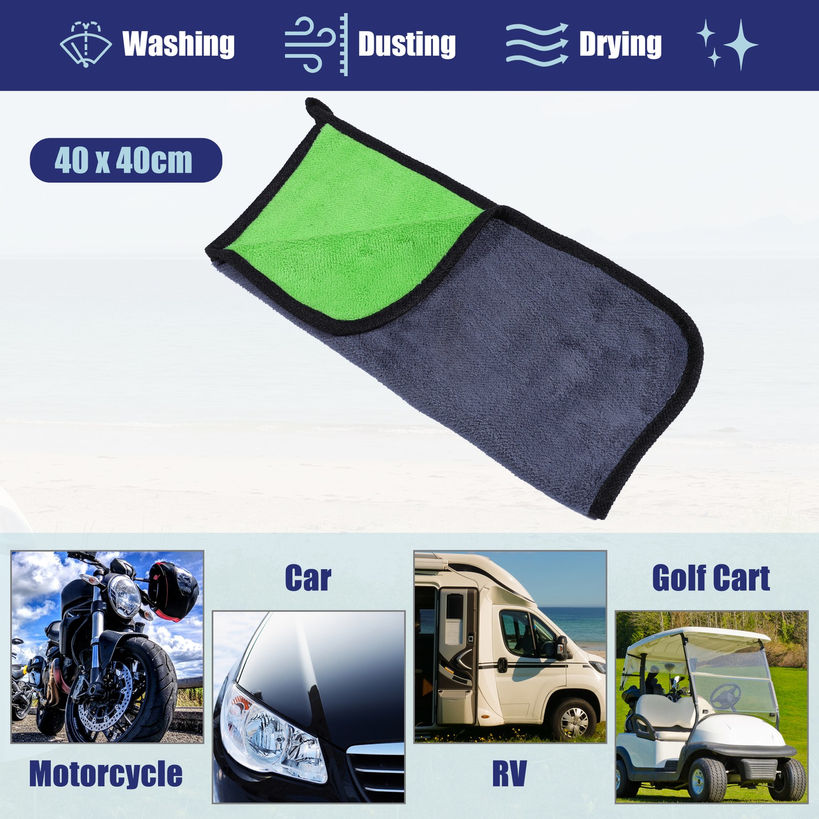 3pcs Microfibre Car Drying Towel 40 x 40cm 600GSM Highly Absorbent Gray Green