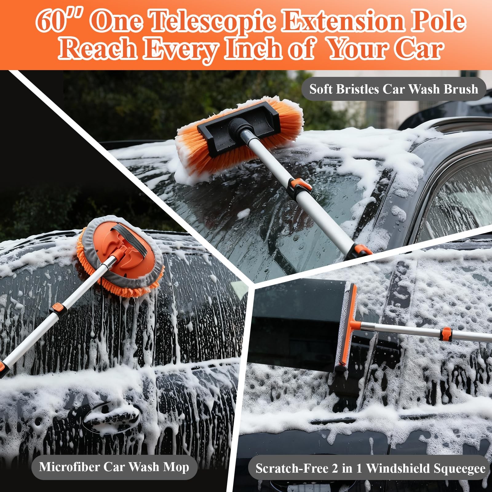 PuliKit 21Pcs Car Wash Kit with 60″ Heavy-Duty Extension Pole, Soft Orange
