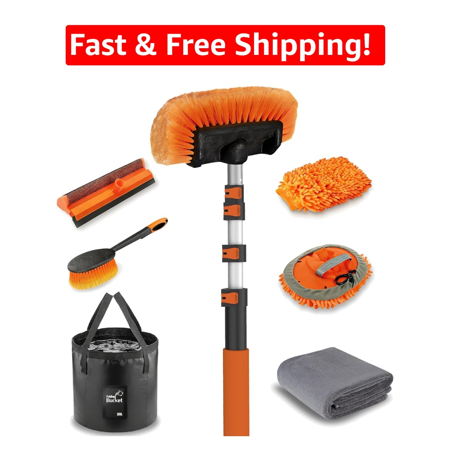 Durable 12FT Car Wash Kit with Telescopic Brush, Mop & Squeegee for All Vehicles