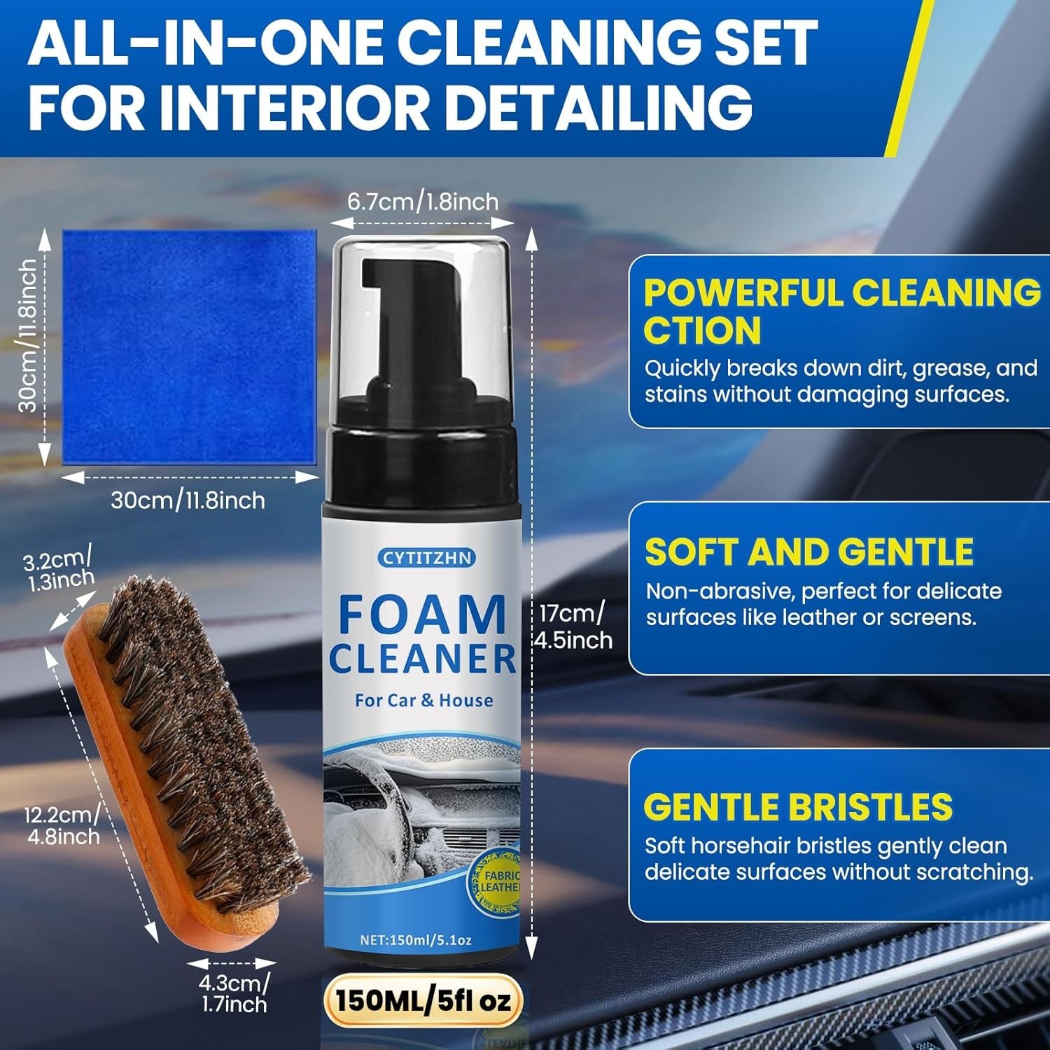 All-Purpose Car Interior Foam Cleaner Kit Deep Stain Remover Brush Towel 5oz