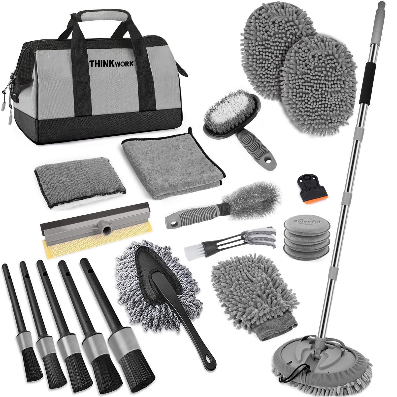 Extendable Car Wash Brush Kit, 2-in-1 Squeegee, 9Pcs Detailing Tools, Gift Idea