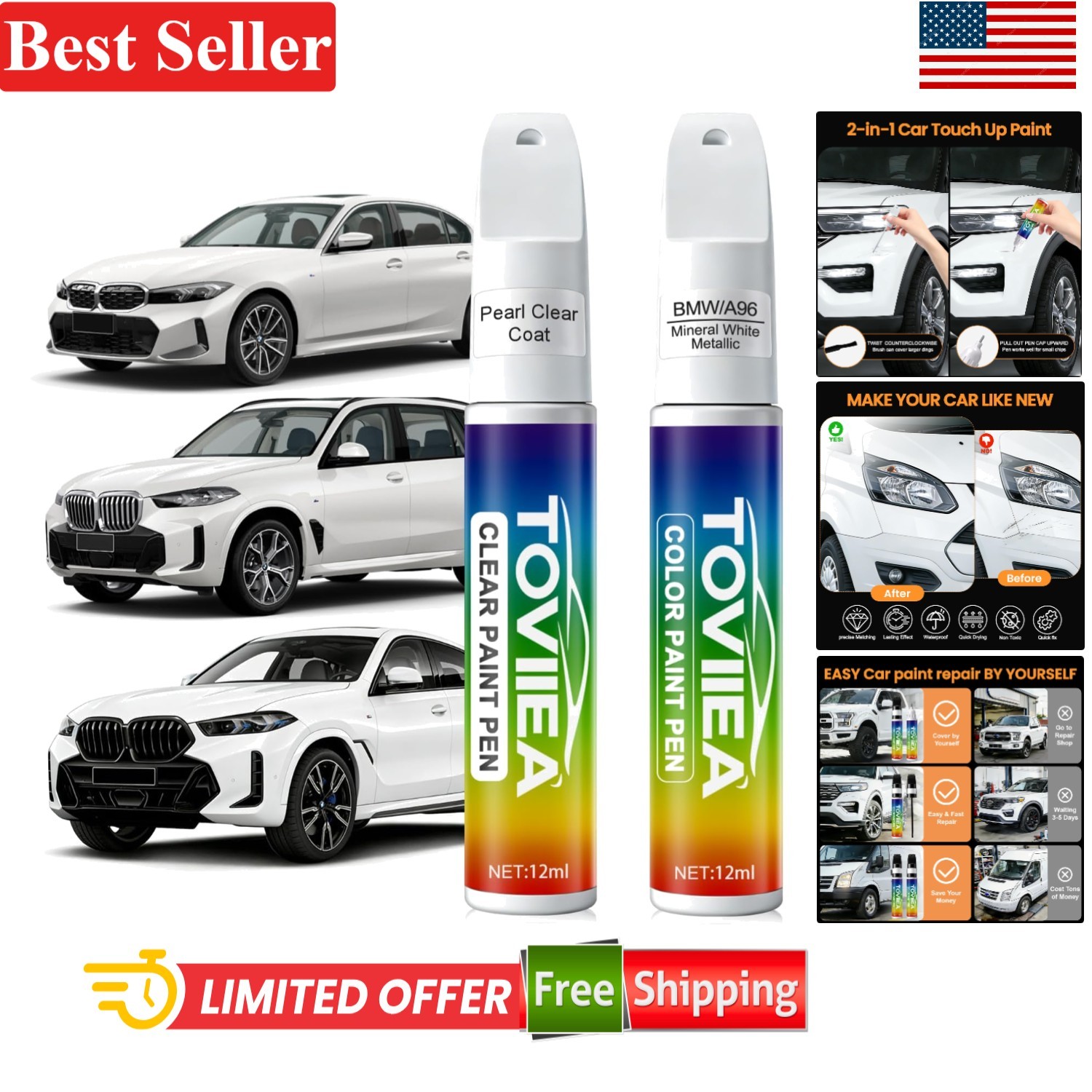 A96 Mineral White Touch Up Paint with Clear Coat – Fast Scratch Remover for BMW