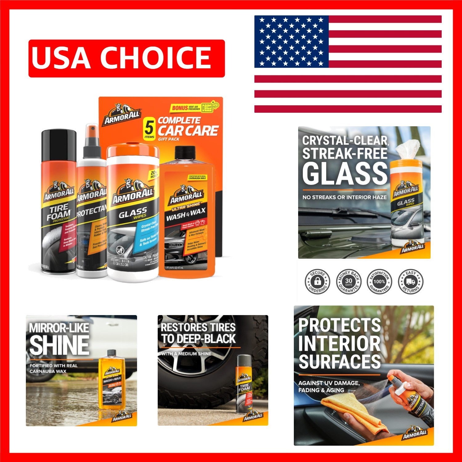 Ultimate Car Care 4-Piece Set: Protectant Spray, Tire Foam, & Shine Products