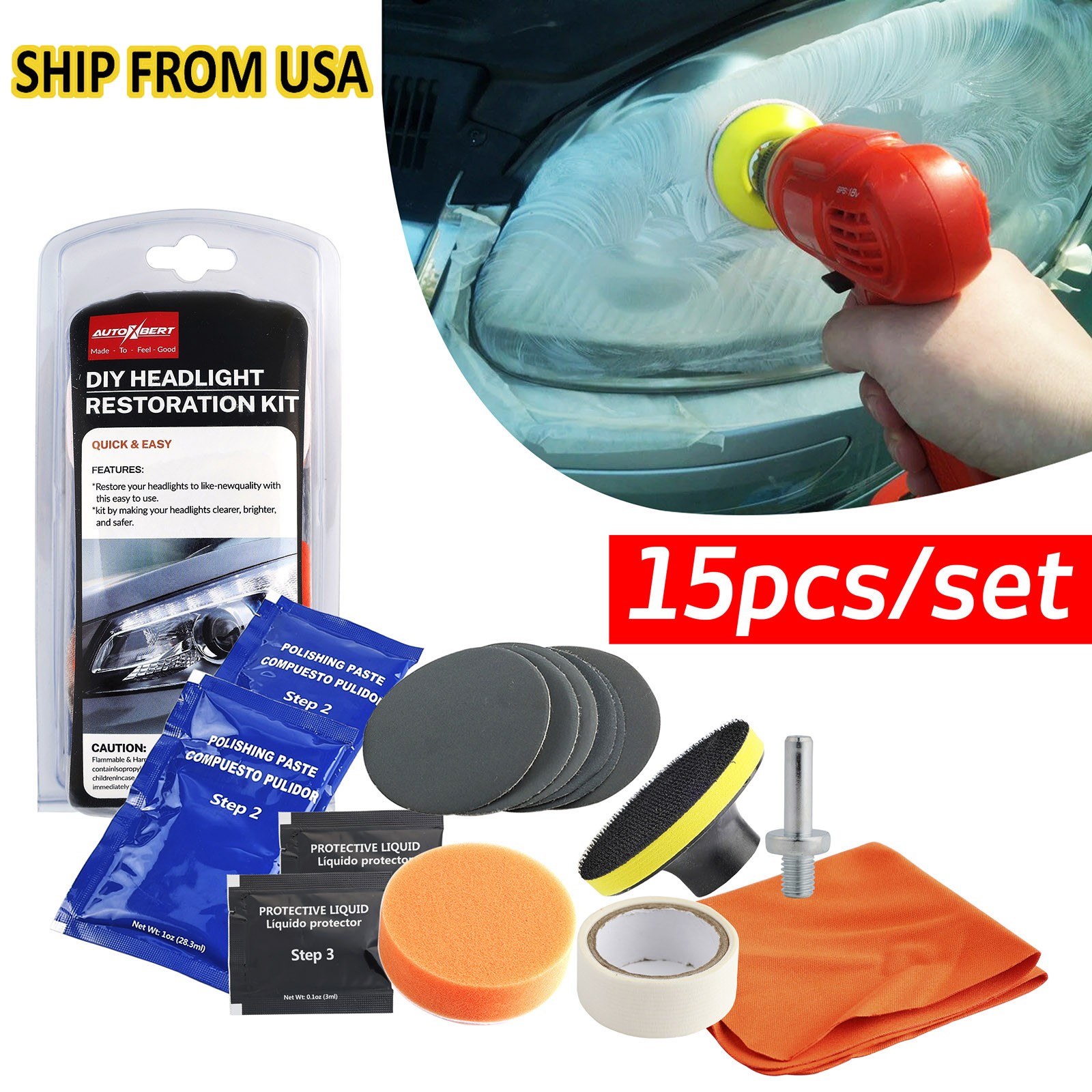 Heavy Duty Headlight Restoration Kit.Car Lens Lamp Cleaning Sanding Repair Tools