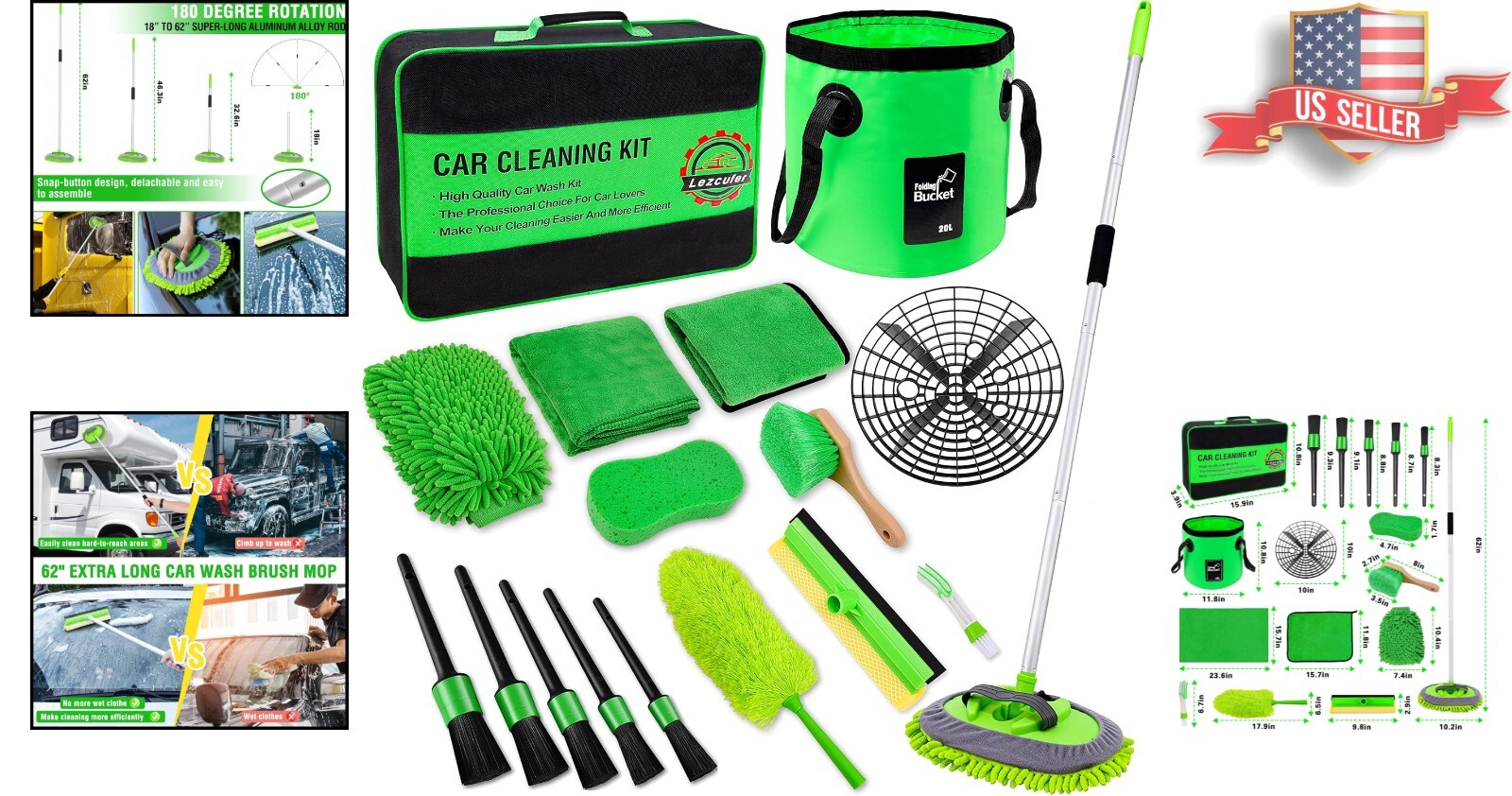 All-in-One Car Wash Kit – 17 Piece Set Featuring 62″ Brush & Interior Detailing