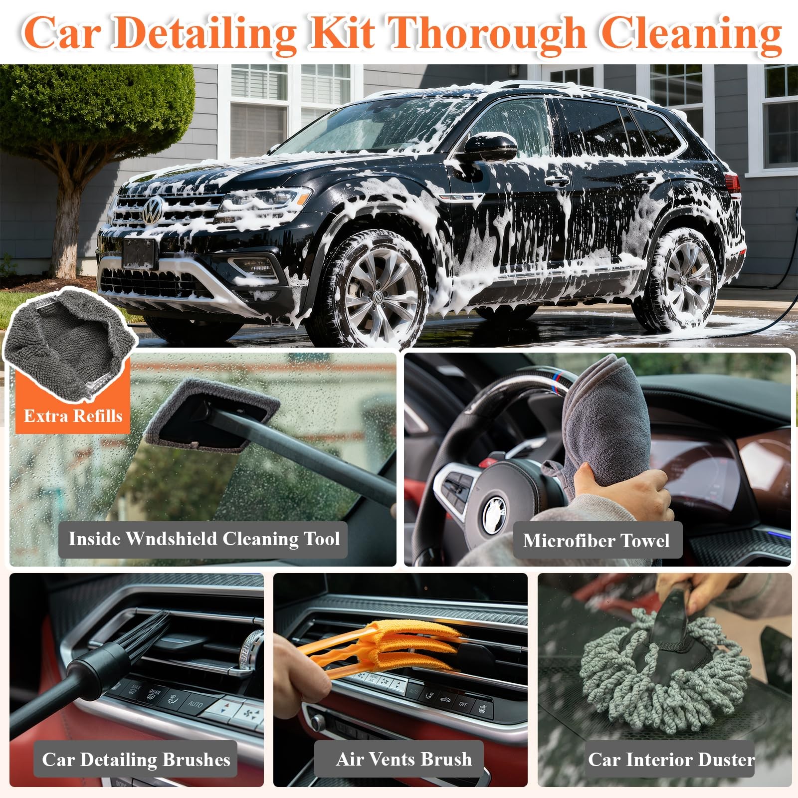 PuliKit 21Pcs Car Wash Kit with 60″ Heavy-Duty Extension Pole, Soft Orange