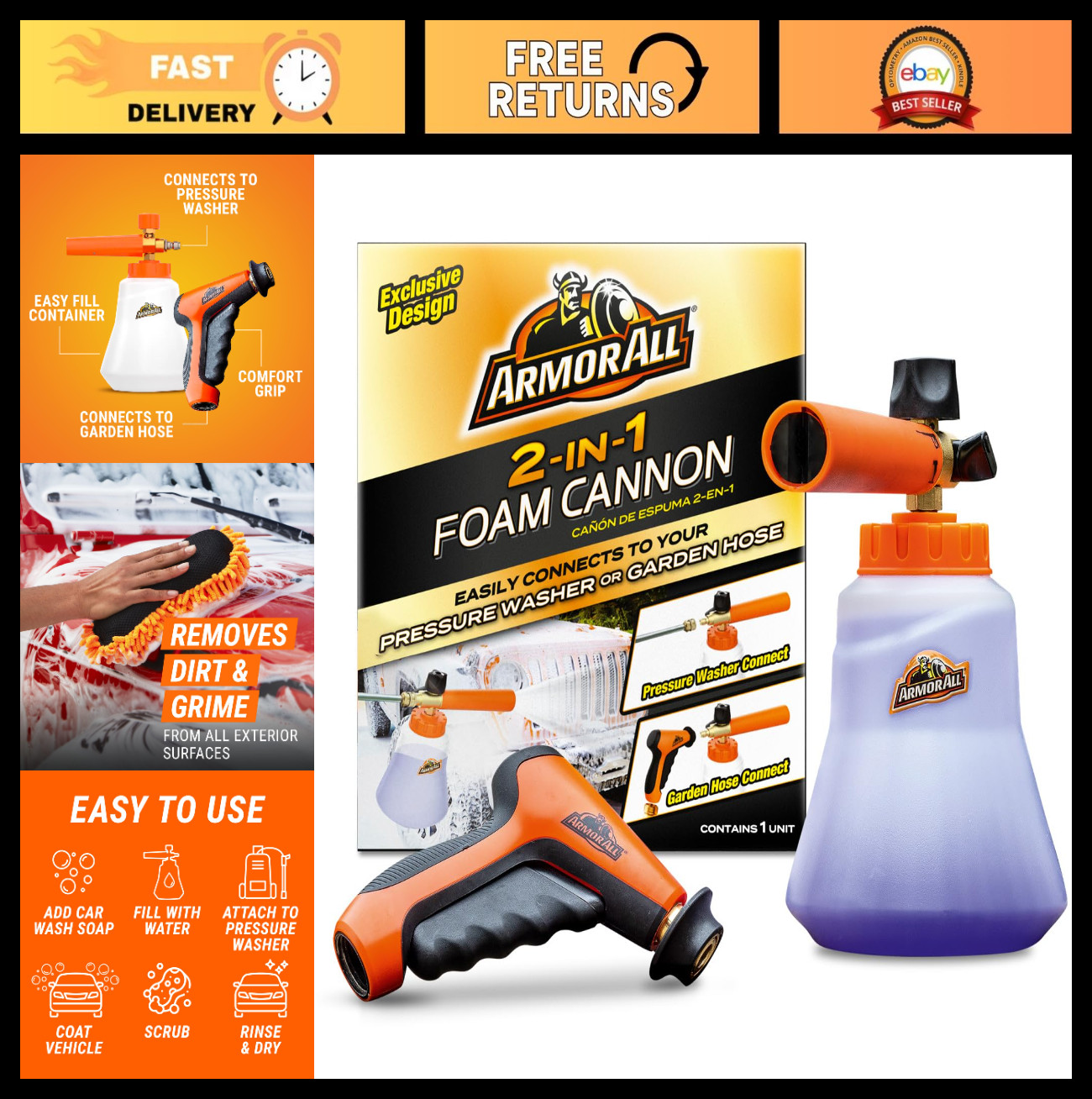 2-in-1 Foam Cannon Car Cleaning Kit for Power Washers & Hoses – Easy Vehicle Was