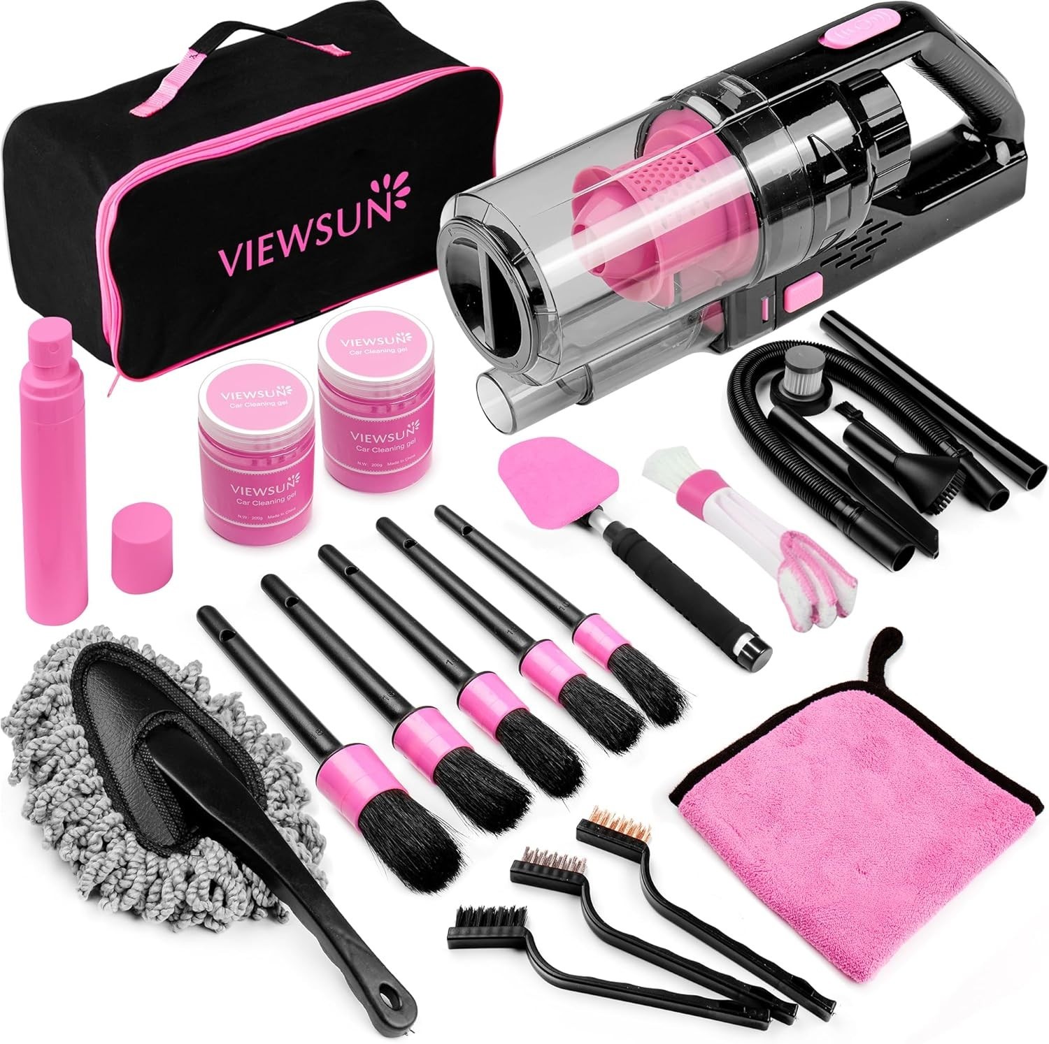 Stylish Pink Car Interior Cleaning Kit: 17-Piece Handheld Vacuum & Accessories