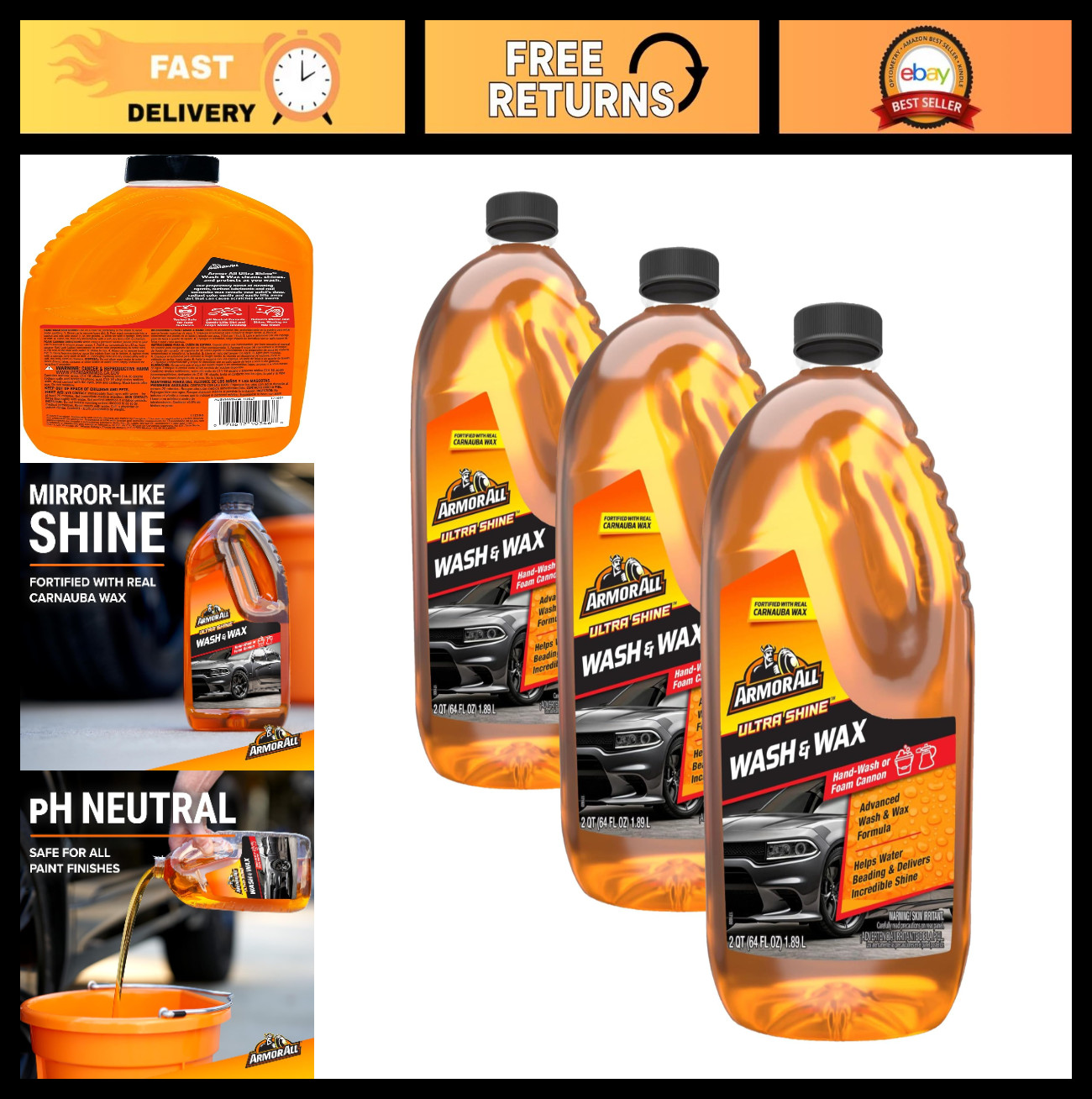 Ultra Shine Car Wash & Wax – 64 Fl Oz Each, Pack of 3 – Cleaning Fluid for Cars,