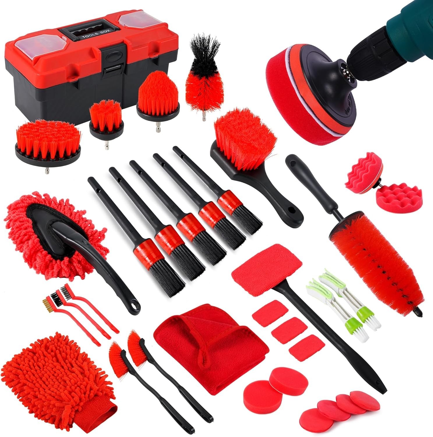 35Pcs Car Cleaning Detailing Kit Drill Brushes Windshield Tool Interior Exterior